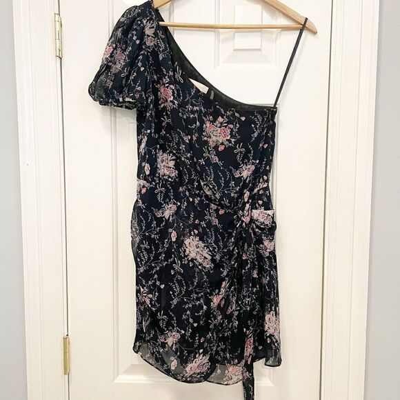 Loveshackfancy Peyton Dress Navy Cosmos One Shoulder Size S 100% Silk Floral - Picture 6 of 10
